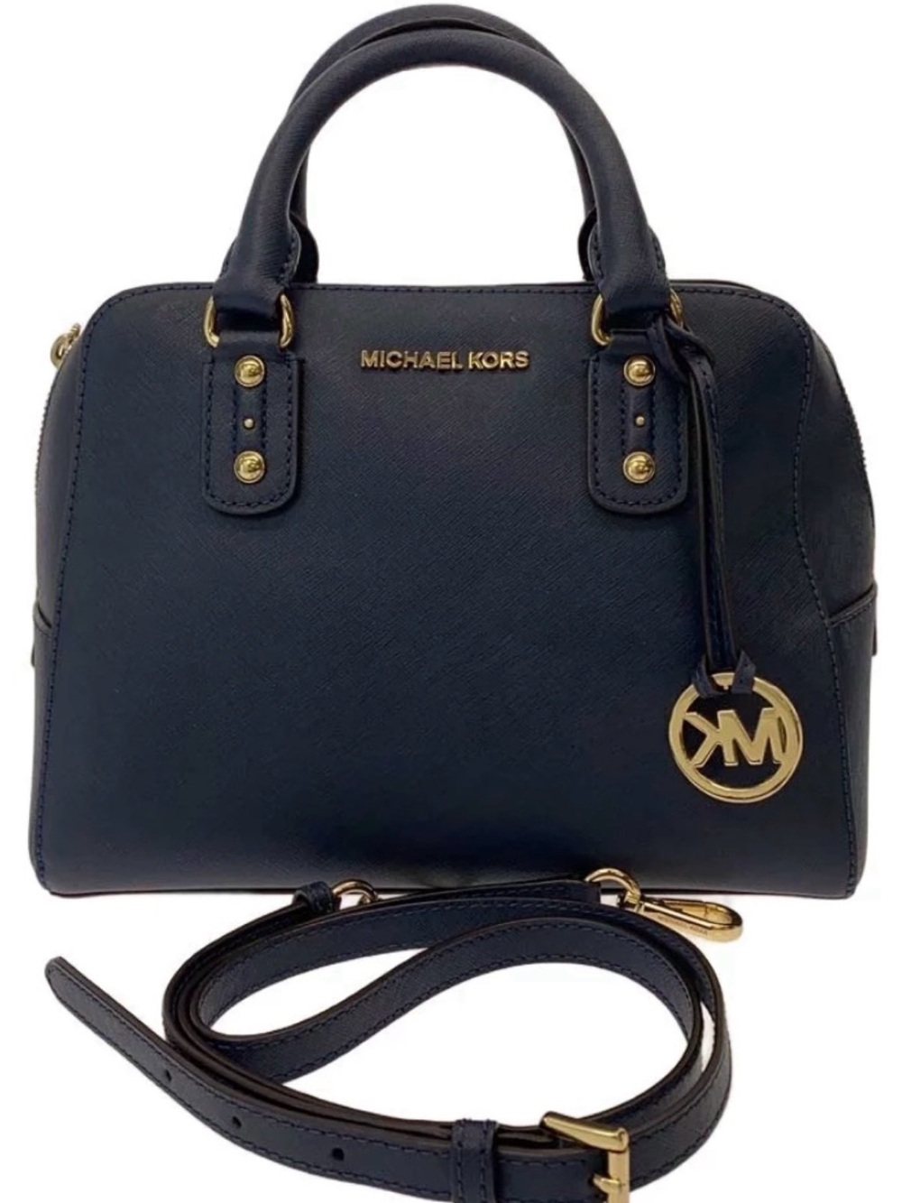 Michael Kors Navy Saffiano Dome Satchel with Gold Hardware